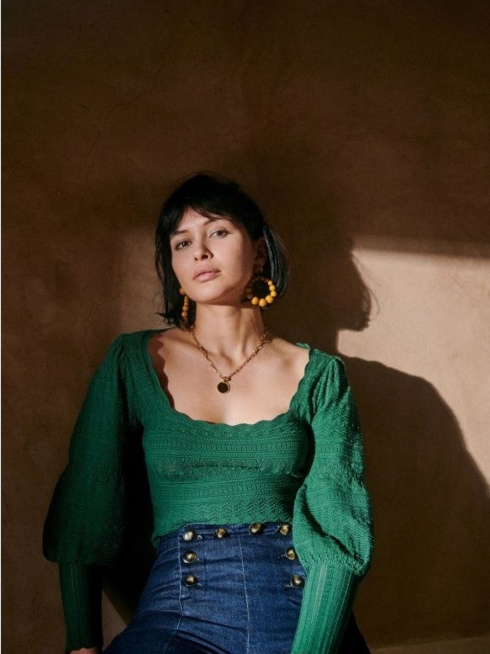Sezane Ronnie Jumper Green Scalloped Square-Neck Knit Top Small EUC Parisian